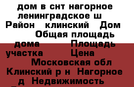 дом в снт нагорное ленинградское ш  › Район ­ клинский › Дом ­ 37 › Общая площадь дома ­ 180 › Площадь участка ­ 12 › Цена ­ 4 500 000 - Московская обл., Клинский р-н, Нагорное д. Недвижимость » Дома, коттеджи, дачи продажа   . Московская обл.